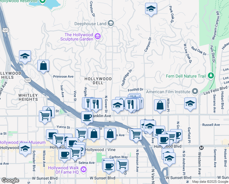 map of restaurants, bars, coffee shops, grocery stores, and more near 2047 North Beachwood Drive in Los Angeles
