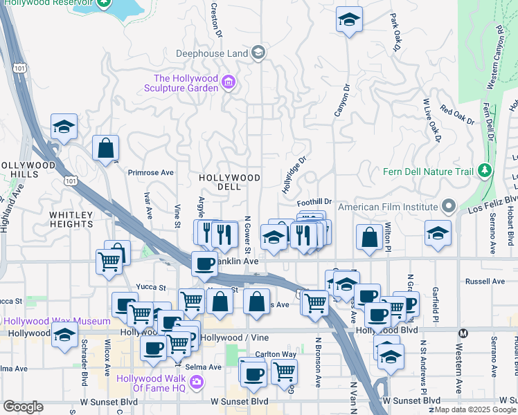 map of restaurants, bars, coffee shops, grocery stores, and more near 2047 North Beachwood Drive in Los Angeles