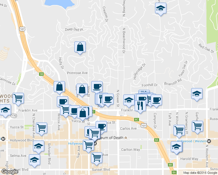 map of restaurants, bars, coffee shops, grocery stores, and more near 2060 Vista Del Mar Avenue in Los Angeles