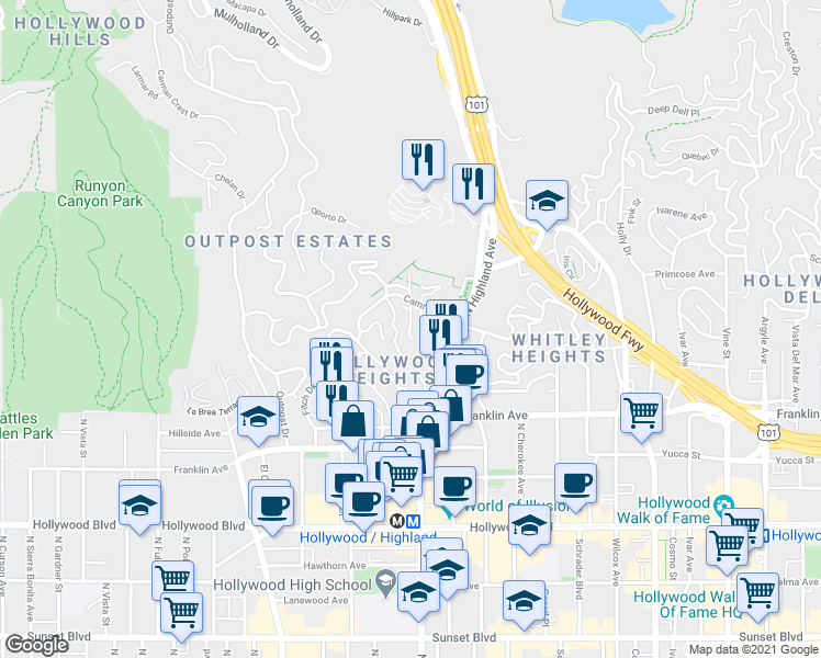 map of restaurants, bars, coffee shops, grocery stores, and more near 2064 Glencoe Way in Los Angeles