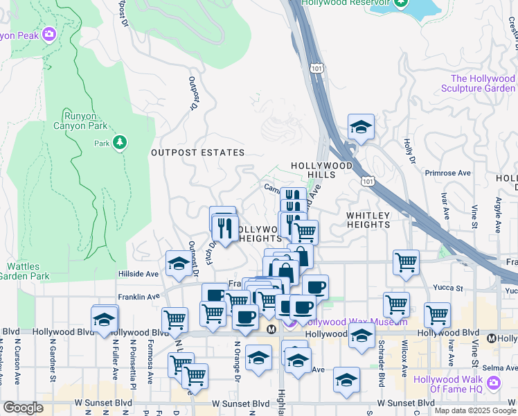 map of restaurants, bars, coffee shops, grocery stores, and more near 2064 Glencoe Way in Los Angeles