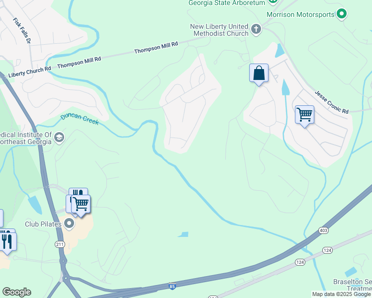 map of restaurants, bars, coffee shops, grocery stores, and more near 285 Yaupon Trail in Braselton