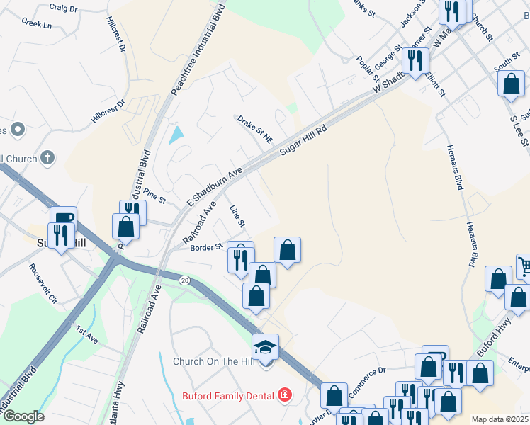 map of restaurants, bars, coffee shops, grocery stores, and more near 165 Westbrook Street Northeast in Buford