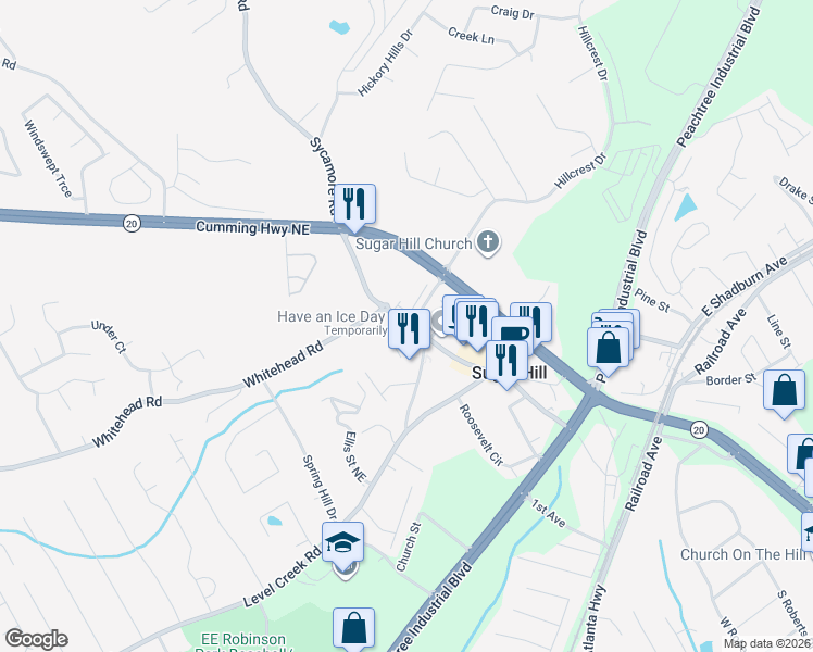map of restaurants, bars, coffee shops, grocery stores, and more near Sycamore Road in Sugar Hill