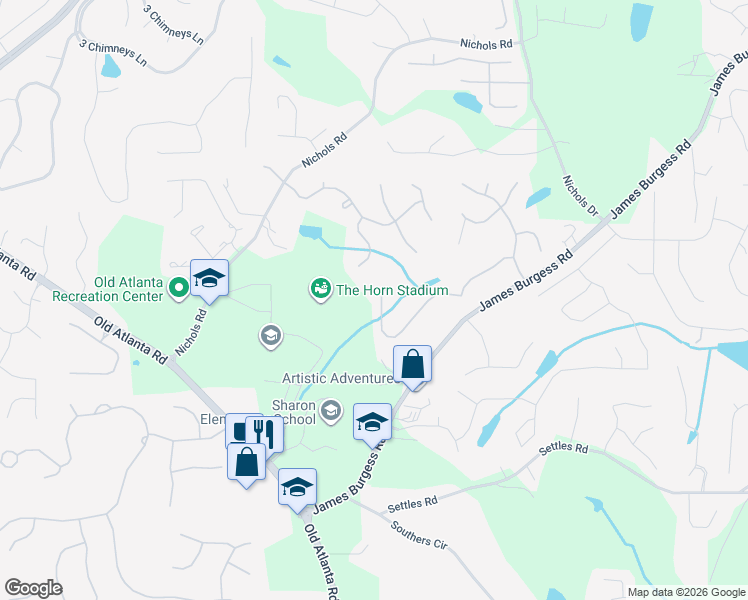 map of restaurants, bars, coffee shops, grocery stores, and more near 1765 Bramble Bush Way in Suwanee