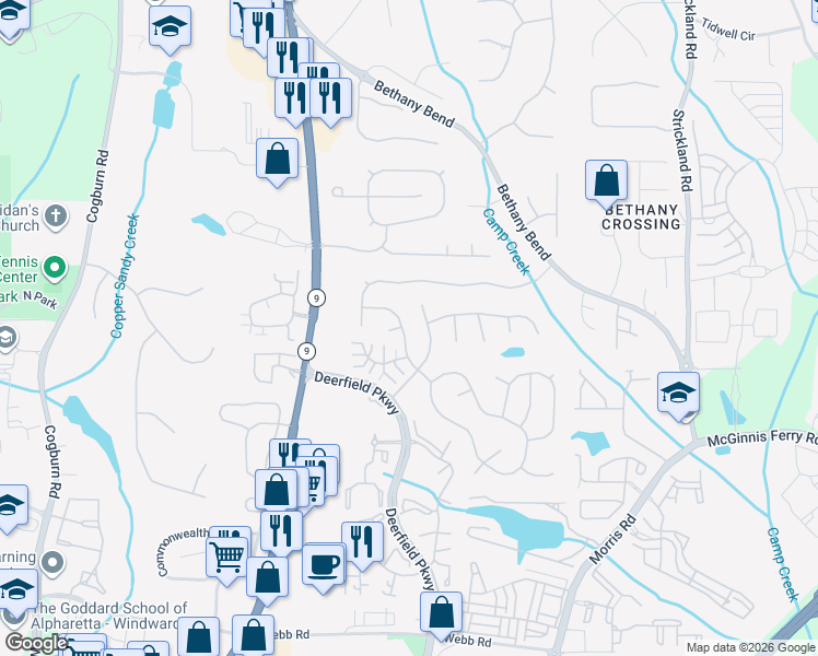 map of restaurants, bars, coffee shops, grocery stores, and more near 13335 Avensong Ives Way in Alpharetta