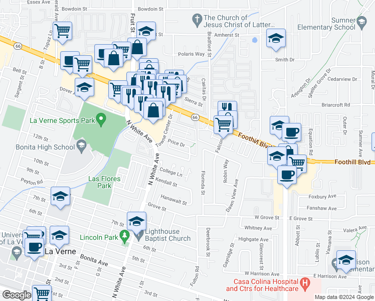 map of restaurants, bars, coffee shops, grocery stores, and more near 3459 Columbia Drive in La Verne