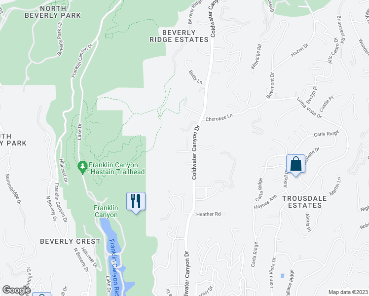 map of restaurants, bars, coffee shops, grocery stores, and more near 9621 Cedarbrook Drive in Beverly Hills