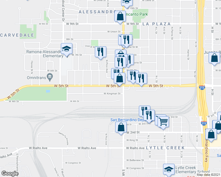 map of restaurants, bars, coffee shops, grocery stores, and more near 1373 West 5th Street in San Bernardino