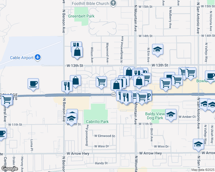 map of restaurants, bars, coffee shops, grocery stores, and more near 1371 Springfield Street in Upland