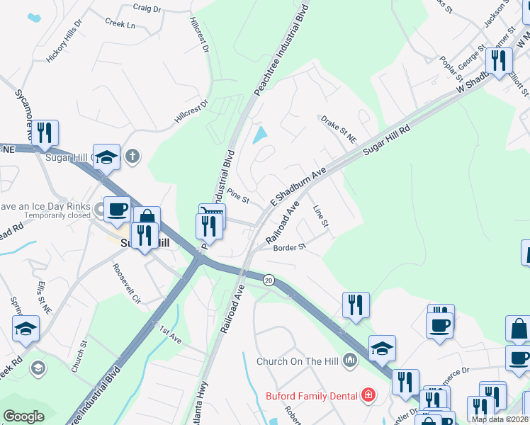 map of restaurants, bars, coffee shops, grocery stores, and more near 1480 Railroad Avenue in Sugar Hill