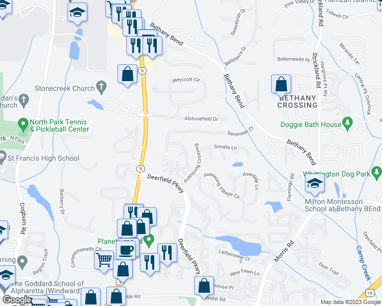 map of restaurants, bars, coffee shops, grocery stores, and more near 13335 Avensong Ives Way in Alpharetta