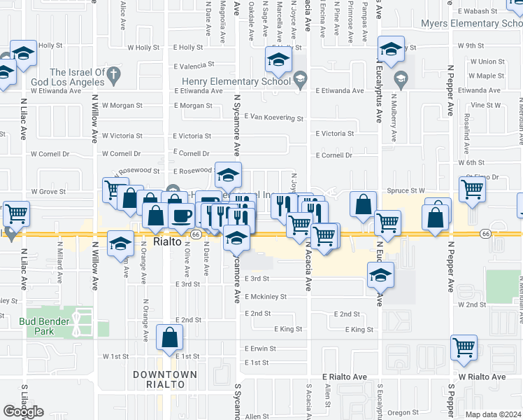 map of restaurants, bars, coffee shops, grocery stores, and more near 432 North Sage Avenue in Rialto
