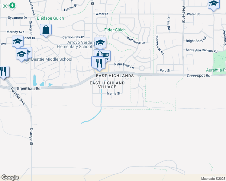 map of restaurants, bars, coffee shops, grocery stores, and more near 7986 Cortez Street in Highland