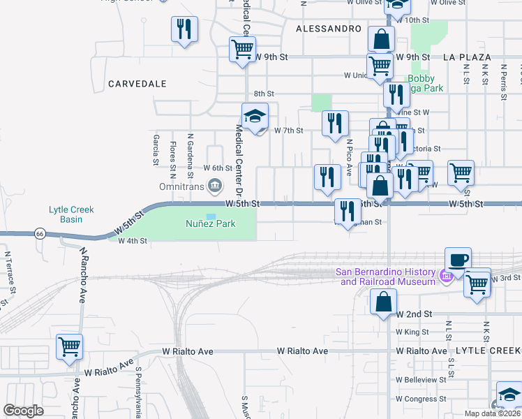 map of restaurants, bars, coffee shops, grocery stores, and more near 1593 West 5th Street in San Bernardino
