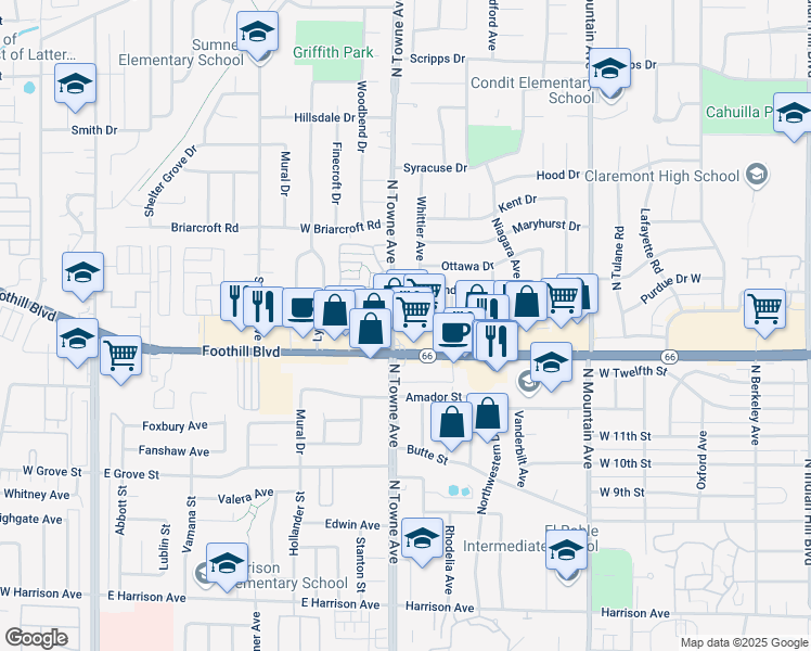 map of restaurants, bars, coffee shops, grocery stores, and more near 1364 North Towne Avenue in Claremont