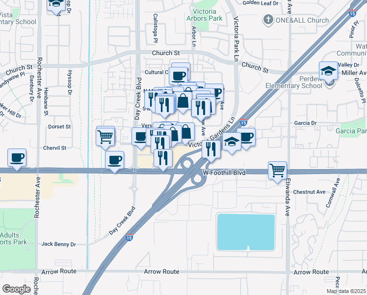 map of restaurants, bars, coffee shops, grocery stores, and more near 12499 Victoria Gardens Lane in Rancho Cucamonga