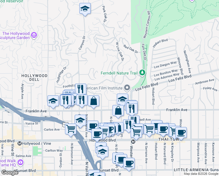 map of restaurants, bars, coffee shops, grocery stores, and more near 2055 North Gramercy Place in Los Angeles