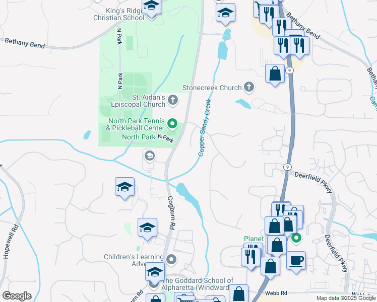 map of restaurants, bars, coffee shops, grocery stores, and more near 110 Cotton Easter Lane in Alpharetta