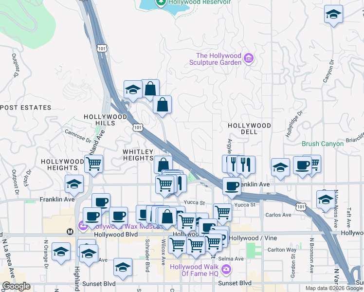 map of restaurants, bars, coffee shops, grocery stores, and more near 2067 Ivar Avenue in Los Angeles