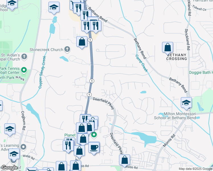 map of restaurants, bars, coffee shops, grocery stores, and more near 2991 Serenade Court in Alpharetta