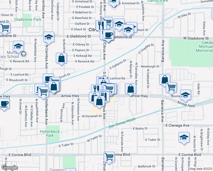 map of restaurants, bars, coffee shops, grocery stores, and more near 810 South Citrus Avenue in Azusa