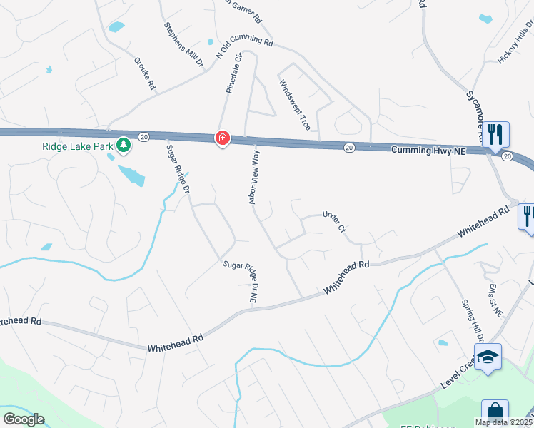 map of restaurants, bars, coffee shops, grocery stores, and more near 830 Long Branch Circle in Buford