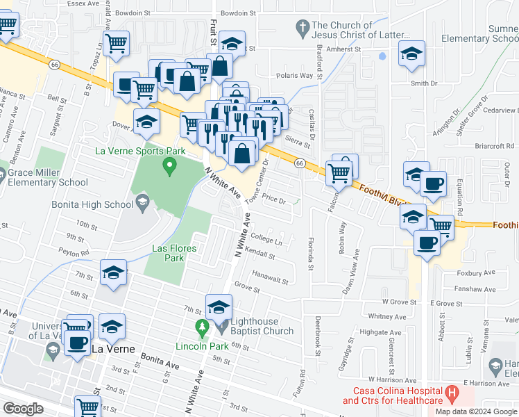 map of restaurants, bars, coffee shops, grocery stores, and more near 2519 Sycamore Drive in La Verne