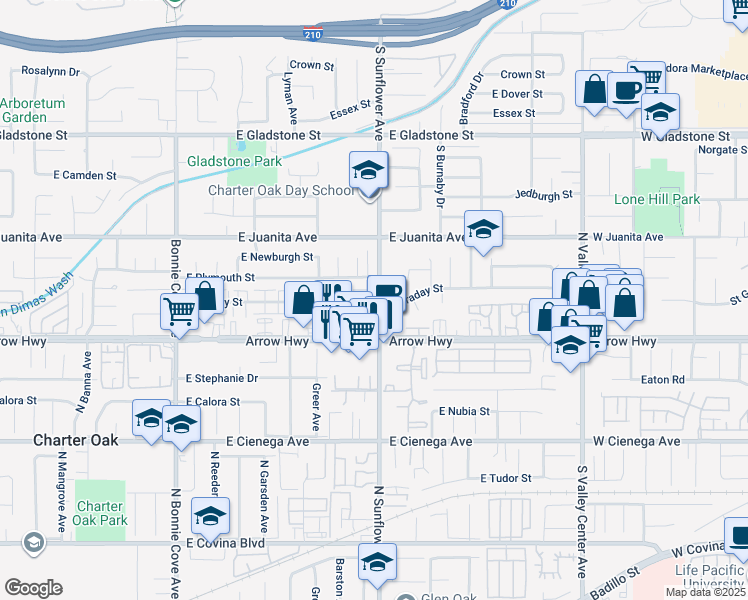 map of restaurants, bars, coffee shops, grocery stores, and more near 1729 South Sunflower Avenue in Glendora