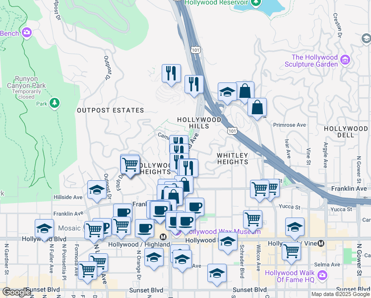 map of restaurants, bars, coffee shops, grocery stores, and more near 2051 Highland Avenue in Los Angeles