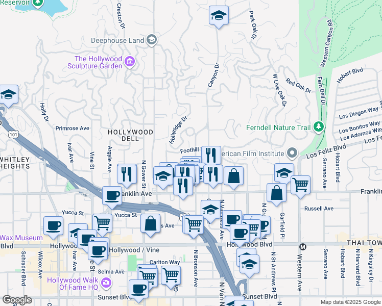 map of restaurants, bars, coffee shops, grocery stores, and more near 5906 Foothill Drive in Los Angeles