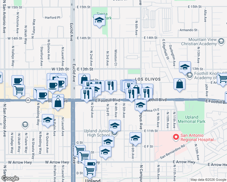 map of restaurants, bars, coffee shops, grocery stores, and more near 384 West Street in Upland