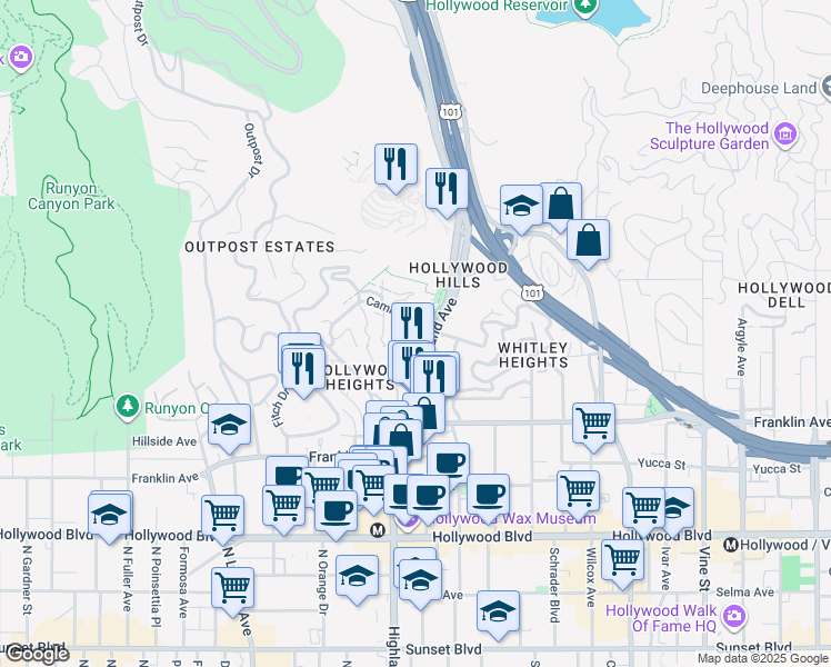 map of restaurants, bars, coffee shops, grocery stores, and more near 2051 Highland Avenue in Los Angeles