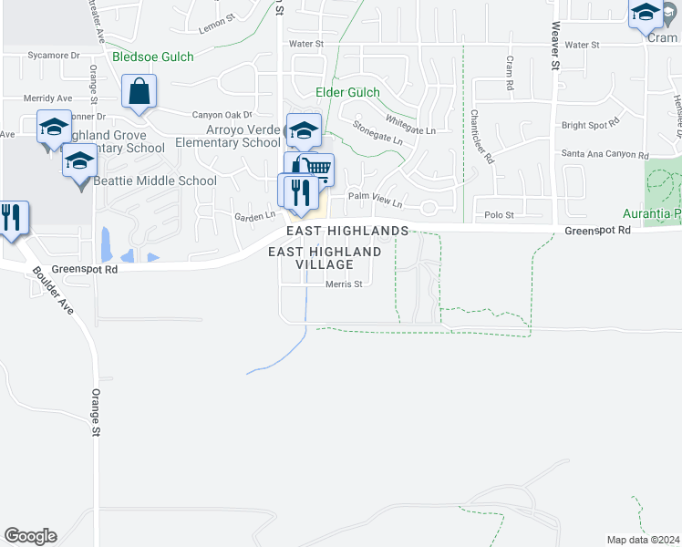 map of restaurants, bars, coffee shops, grocery stores, and more near 7986 Cortez Street in Highland
