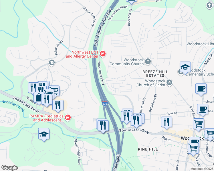 map of restaurants, bars, coffee shops, grocery stores, and more near 620 Ravenwood Drive in Woodstock