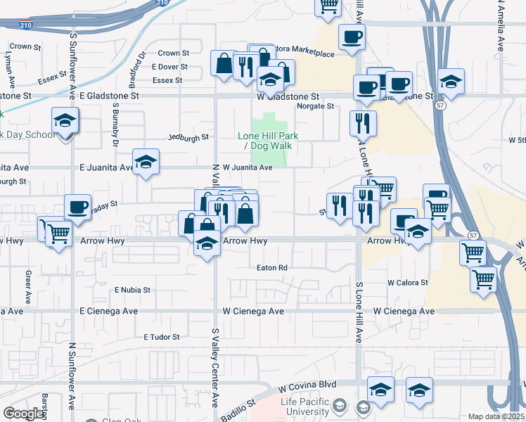 map of restaurants, bars, coffee shops, grocery stores, and more near 1353 West Arrow Highway in San Dimas