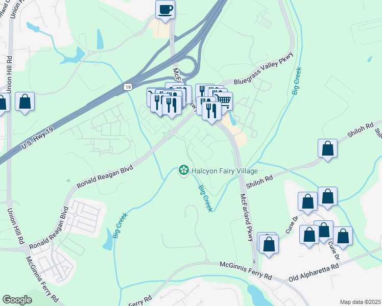 map of restaurants, bars, coffee shops, grocery stores, and more near 6320 Halcyon Garden Drive in Alpharetta