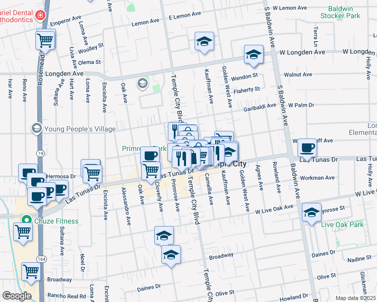 map of restaurants, bars, coffee shops, grocery stores, and more near 9622 Woodruff Avenue in Temple City