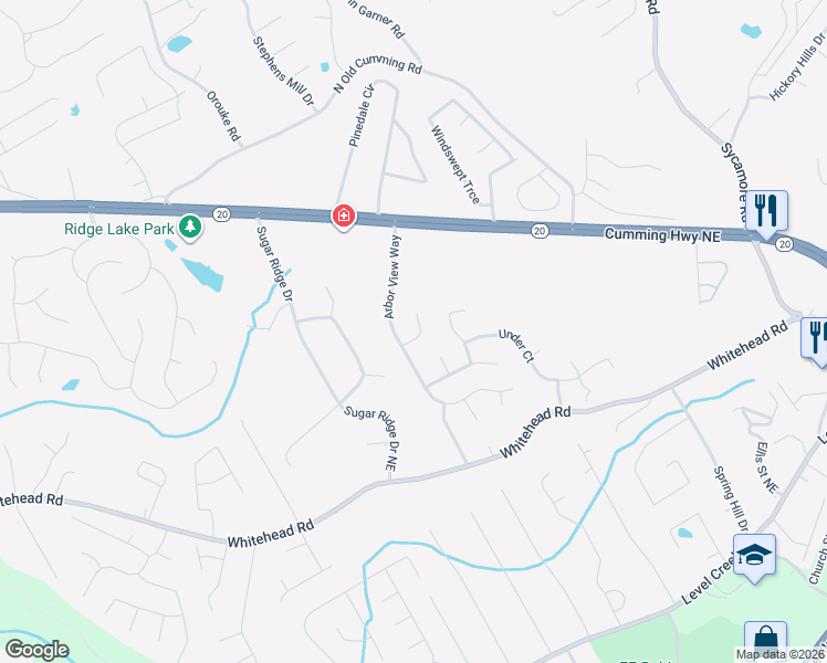 map of restaurants, bars, coffee shops, grocery stores, and more near 830 Long Branch Circle in Sugar Hill