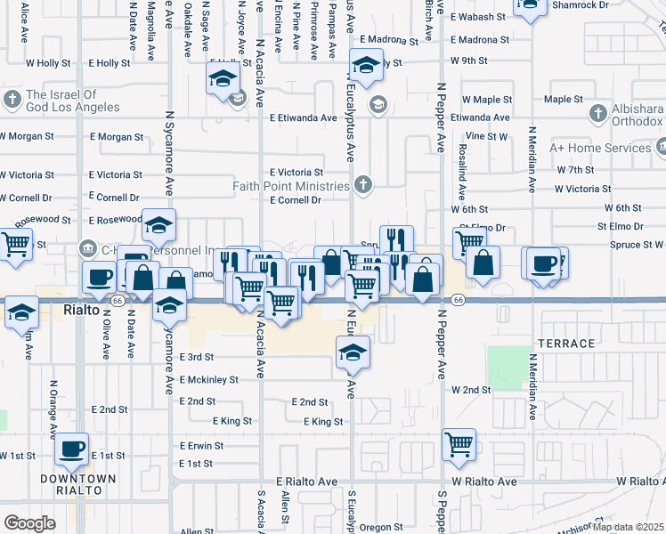 map of restaurants, bars, coffee shops, grocery stores, and more near 641 East Grove Street in Rialto