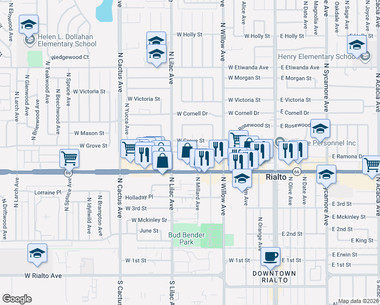 map of restaurants, bars, coffee shops, grocery stores, and more near 452 West Ramona Drive in Rialto