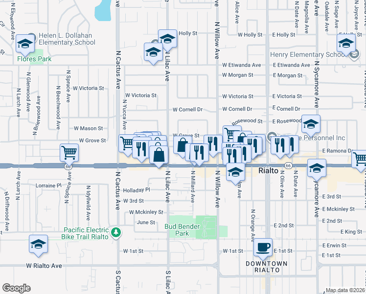 map of restaurants, bars, coffee shops, grocery stores, and more near 452 West Ramona Drive in Rialto