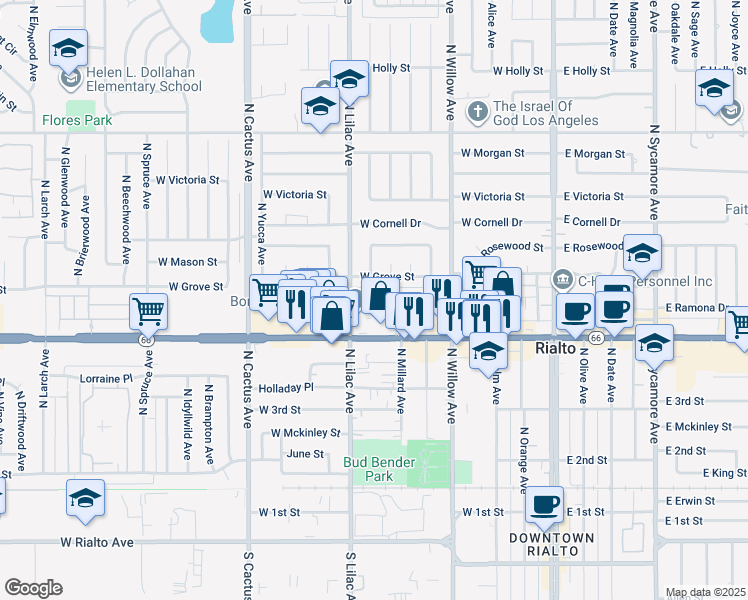 map of restaurants, bars, coffee shops, grocery stores, and more near 452 West Ramona Drive in Rialto