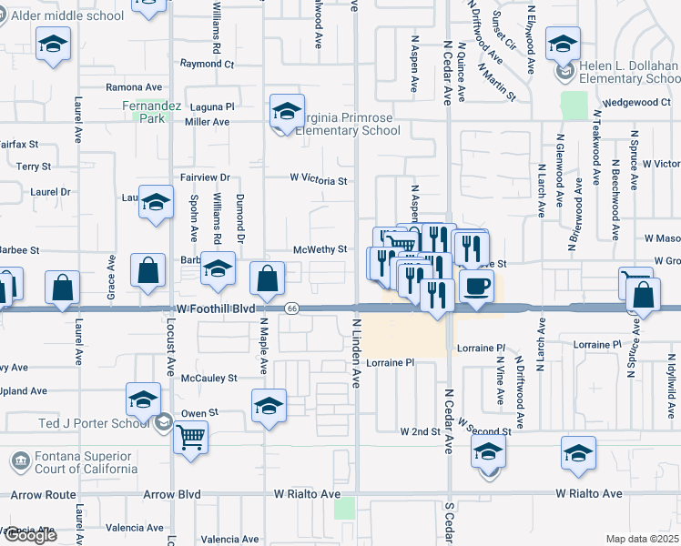 map of restaurants, bars, coffee shops, grocery stores, and more near 1550 West Ramona Drive in Rialto