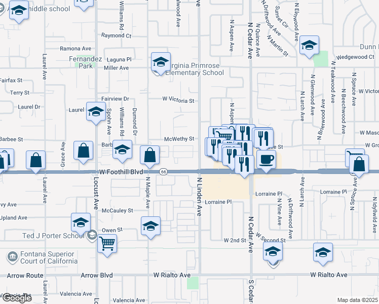 map of restaurants, bars, coffee shops, grocery stores, and more near 1550 West Ramona Drive in Rialto