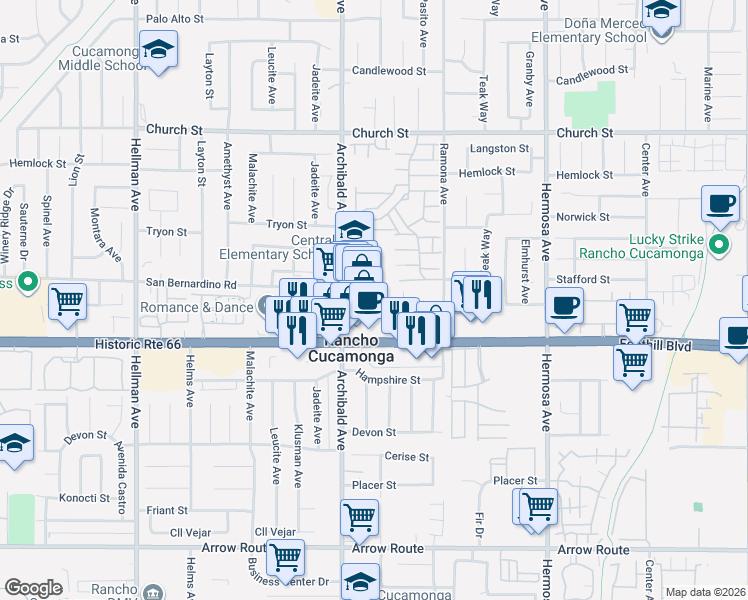 map of restaurants, bars, coffee shops, grocery stores, and more near 7957 Archibald Avenue in Rancho Cucamonga