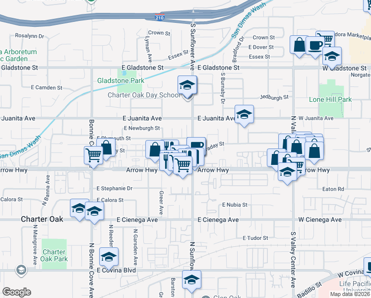 map of restaurants, bars, coffee shops, grocery stores, and more near 828 East Plymouth Street in Glendora