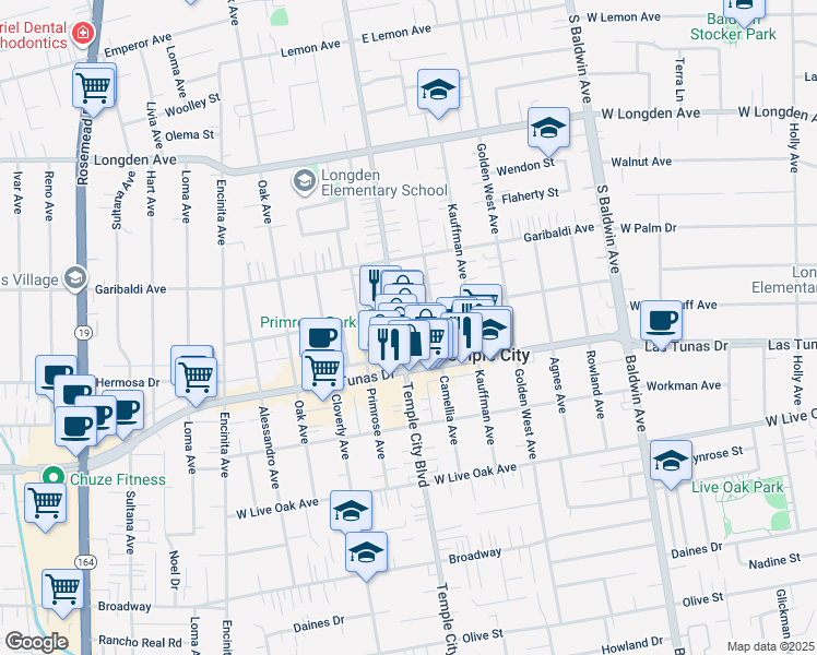 map of restaurants, bars, coffee shops, grocery stores, and more near 9622 Woodruff Avenue in Temple City