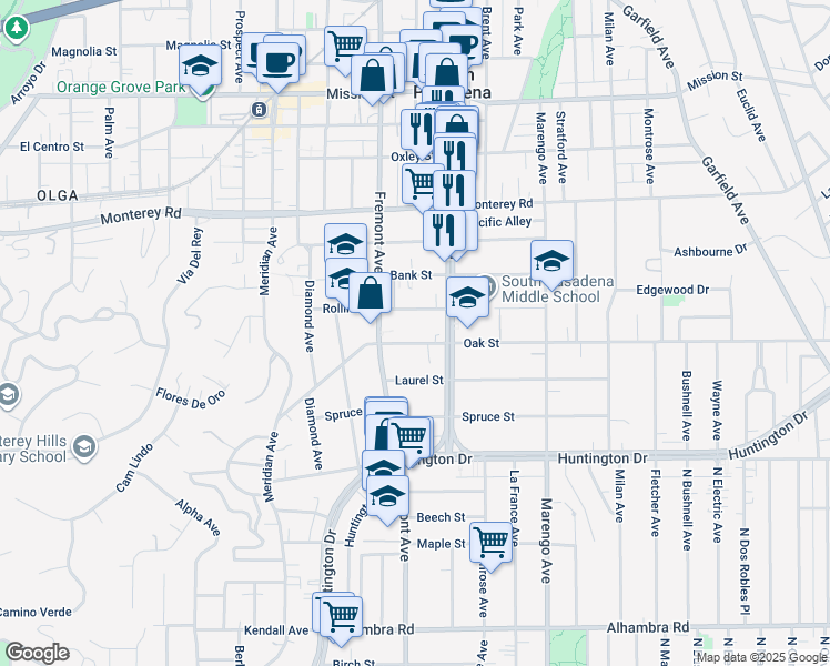 map of restaurants, bars, coffee shops, grocery stores, and more near 1425 Rollin Street in South Pasadena