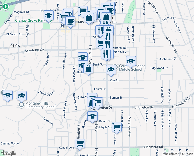 map of restaurants, bars, coffee shops, grocery stores, and more near 1425 Rollin Street in South Pasadena
